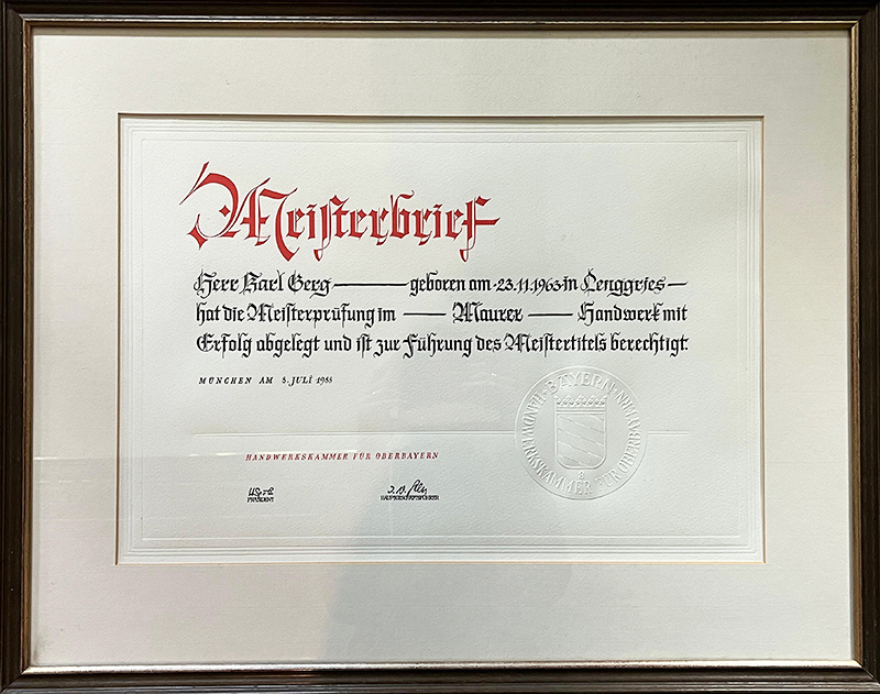 Bauunternehmung-Karl-Gerg-Meisterbrief-Karl-Gerg-sen-1988 Bauunternehmung-Karl-Gerg-Meisterbrief-Karl-Gerg-sen-1988
